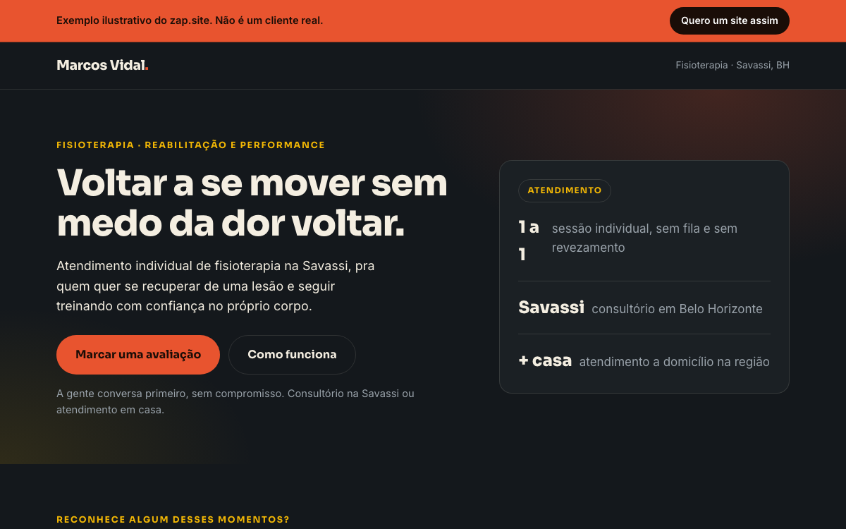Prévia de um site de exemplo para fisioterapeuta, no estilo que o Zap monta