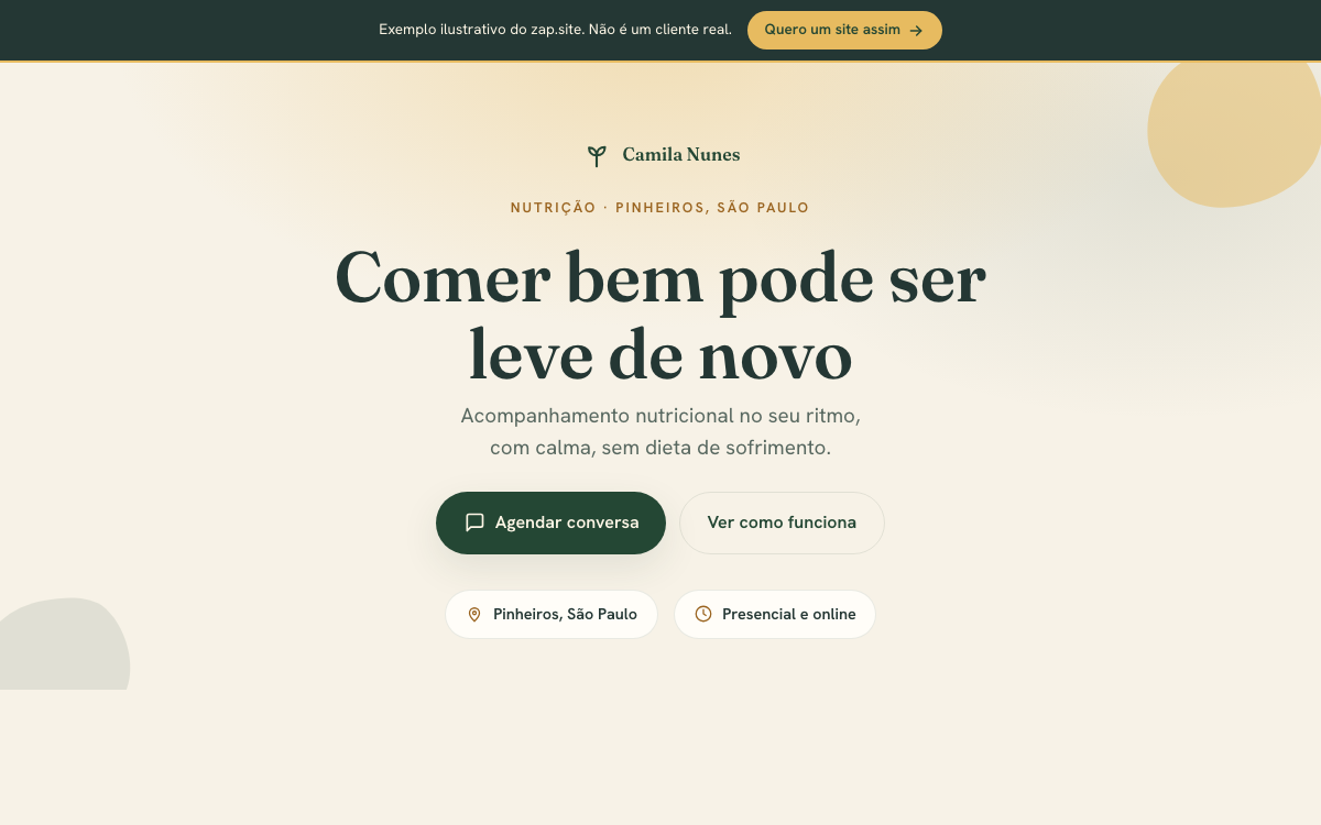 Prévia de um site de exemplo para nutricionista, no estilo que o Zap monta