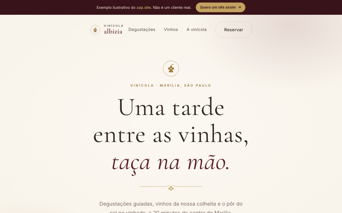 Prévia de um site de exemplo para vinícola, no estilo que o Zap monta